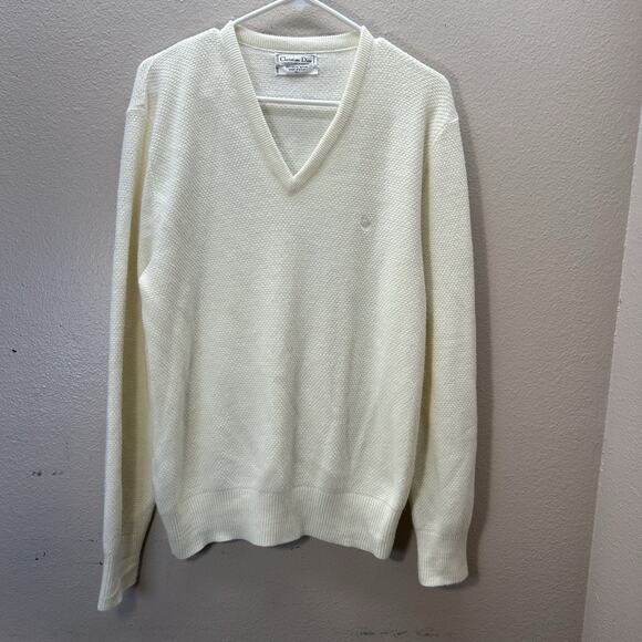 Vintage 70s Christian Dior Men's Orlon Acrylic V Neck Pullover Knit Sweater L - Picture 1 of 6